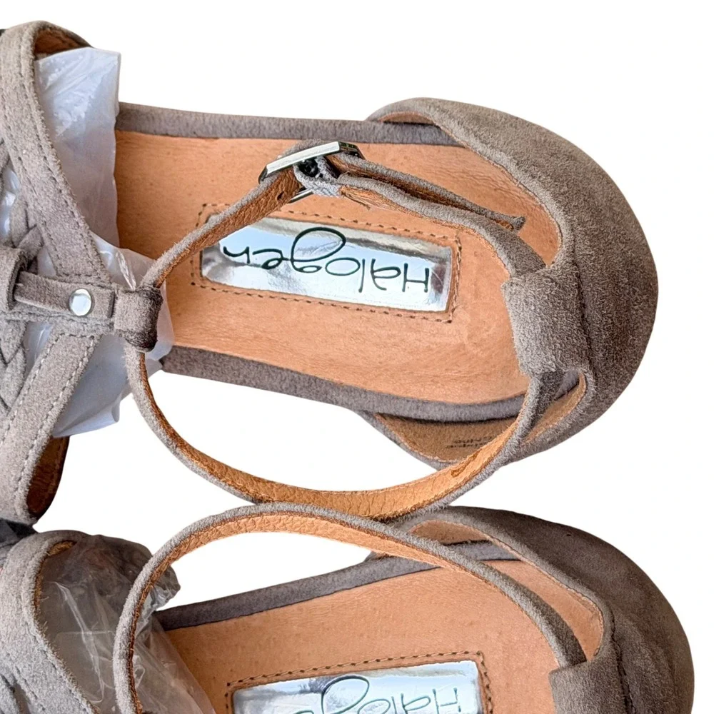 Halogen Braided Suede Sandals Womens 5.5 Taupe Grey Flat T-Strap Tassel Boho